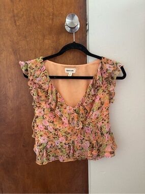 Open Edit Pink Floral Ruffle V-Neck Blouse